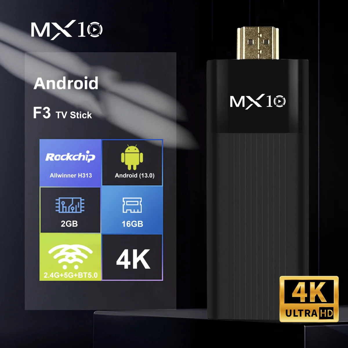 Ultra HD 4K Android TV Stick MX10-F3 Stick Mini Home TV Stick H313 Quad Core Support 2.4/5G Dual Wifi 2GB RAM 16GB ROM