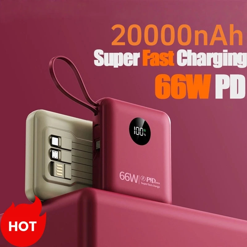 66W Super Fast Charge 20000mAh Mini Power Pack Built in Cable Power Pack For iPhone 16 13 Pro Xiaomi   External Battery Charger