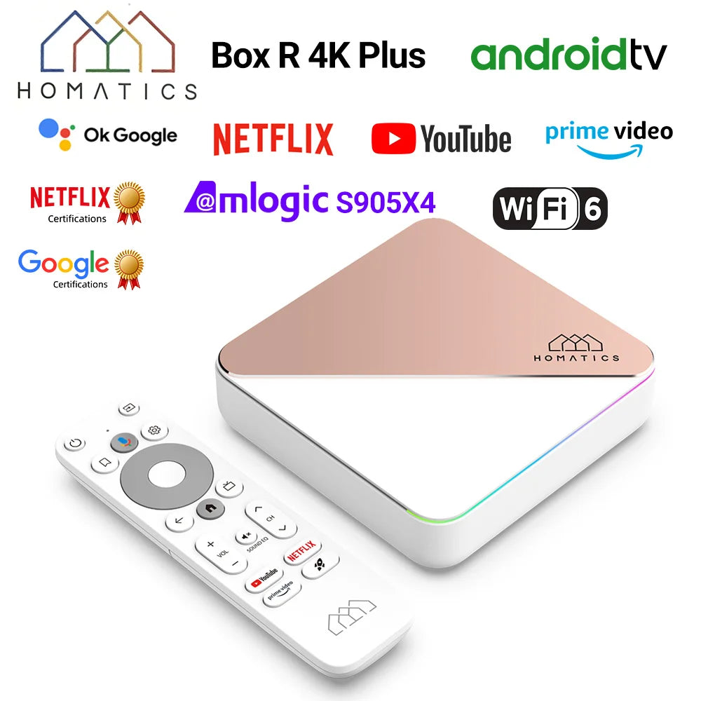 HOMATICS Box R 4K Plus TV Box AndroidTV 14 Netflix Google Certified Amlogic S905X4 4G32G Support DTS Dolby Audio AV1 Wifi6 BT5.0