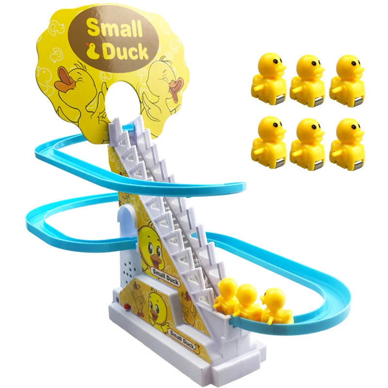 Electric Duck Climbing Stairs Slides Set with LED Flashing Lights Music Race Car Tracks Roller Coaster Kids Educational Toys
