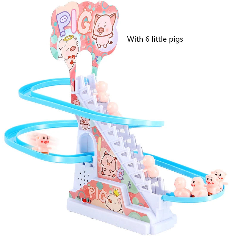Electric Duck Climbing Stairs Slides Set with LED Flashing Lights Music Race Car Tracks Roller Coaster Kids Educational Toys