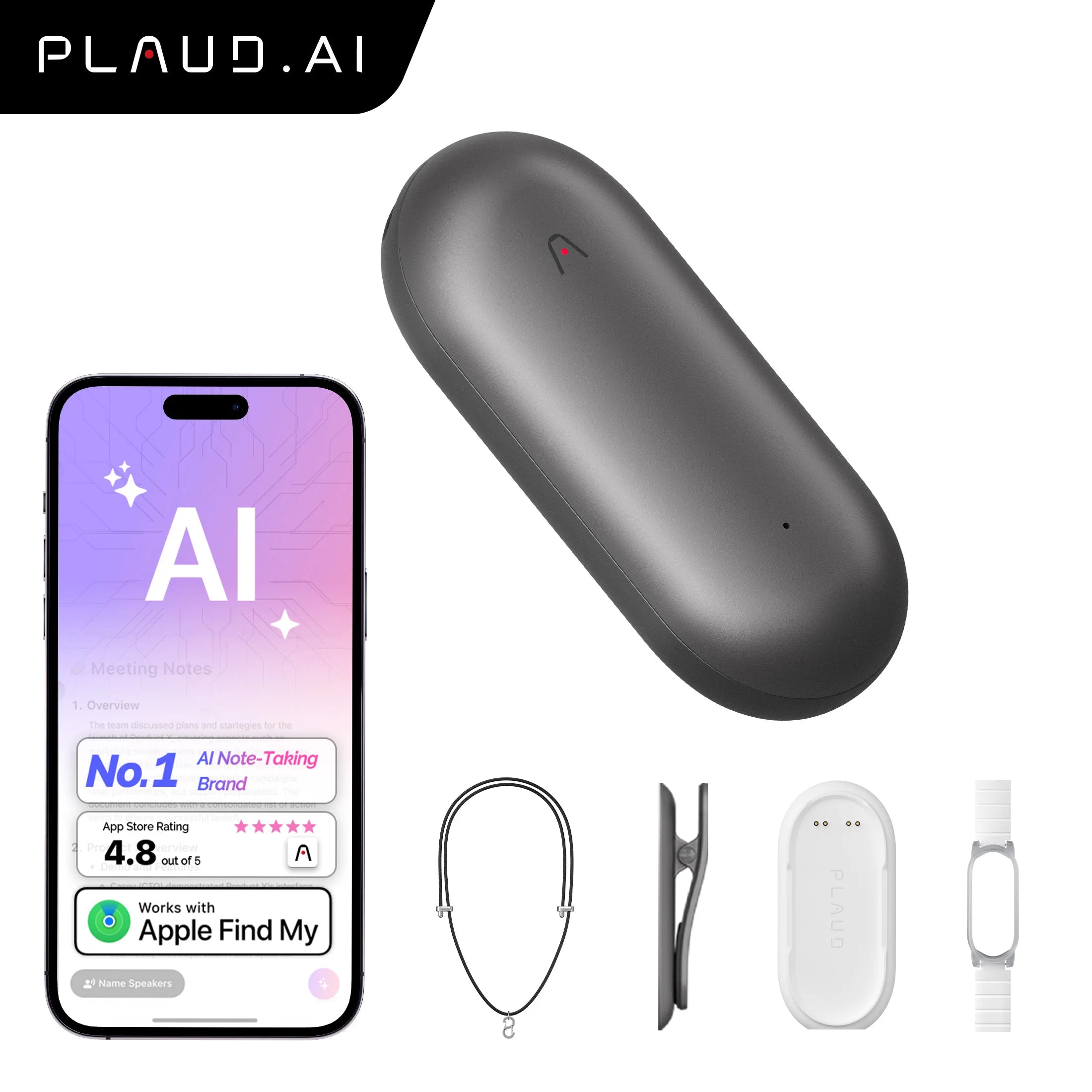 PLAUD NotePin Wearable AI Voice Recorder, AI Notetaker, Smart Transcription & Summarization, with Wristband & Lanyard