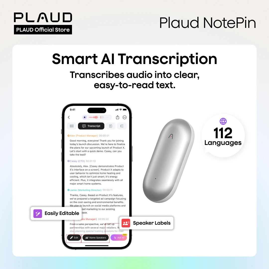 PLAUD NotePin Wearable AI Voice Recorder, AI Notetaker, Smart Transcription & Summarization, with Wristband & Lanyard