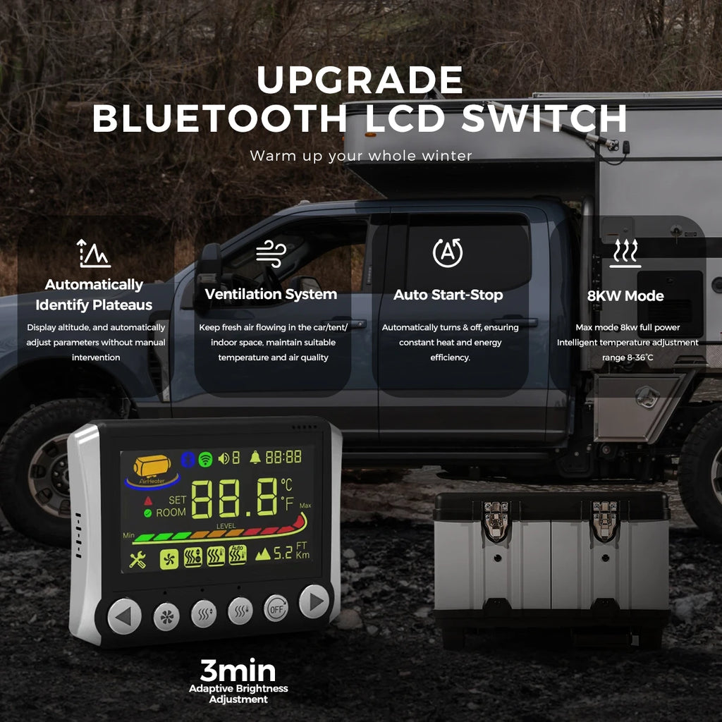 TB10 8KW 12V/24V/230V Diesel Air Heater LCD & Bluetooth APP w/ Auto Start-Stop Adaptive Plateau Parking Heater For Car RV Camper