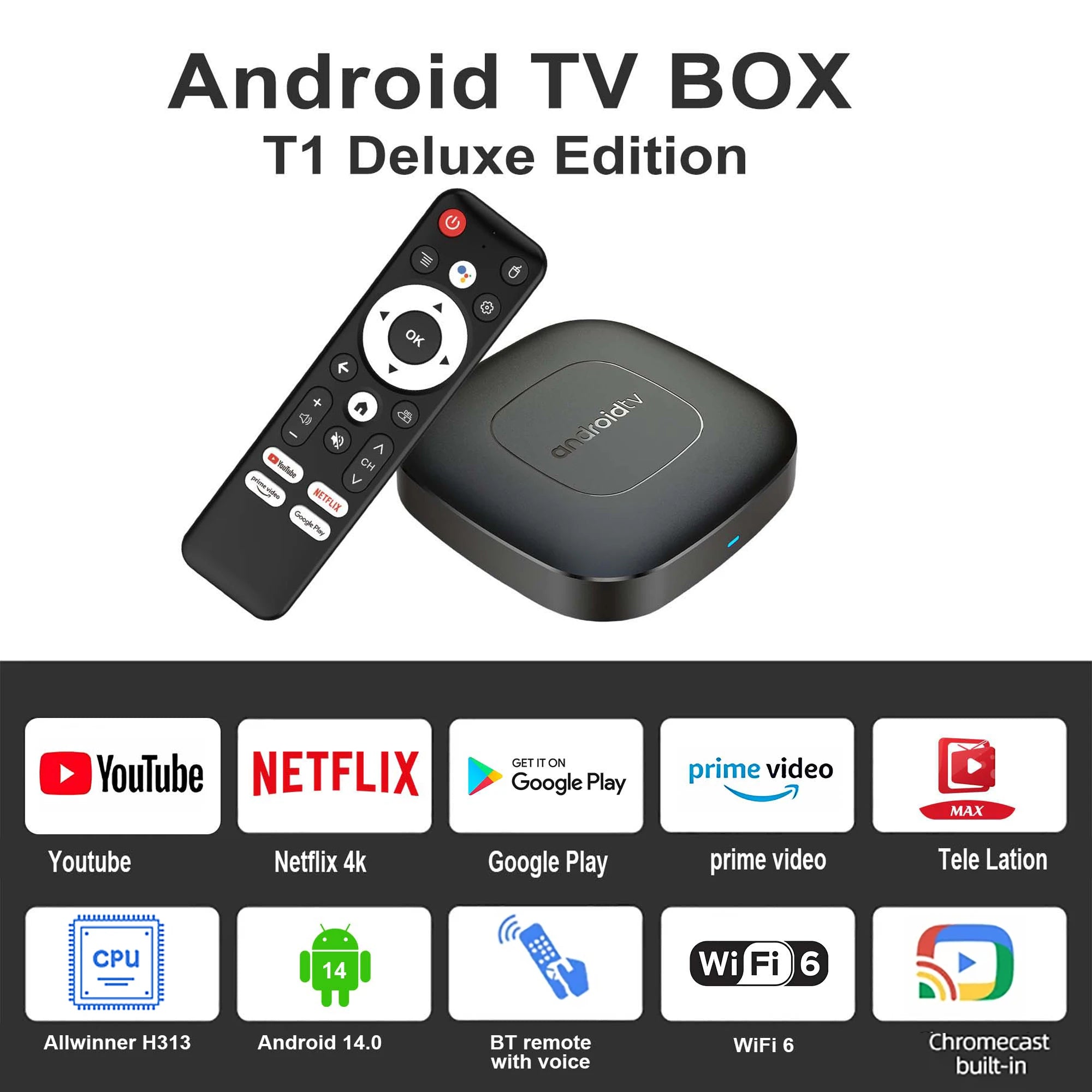 Global Version Mortal T1 Smart Streaming Media Player TV Box AllwinnerH313 Android13 2.4G&5G Wifi 4K  Bluetooth Google Assistant