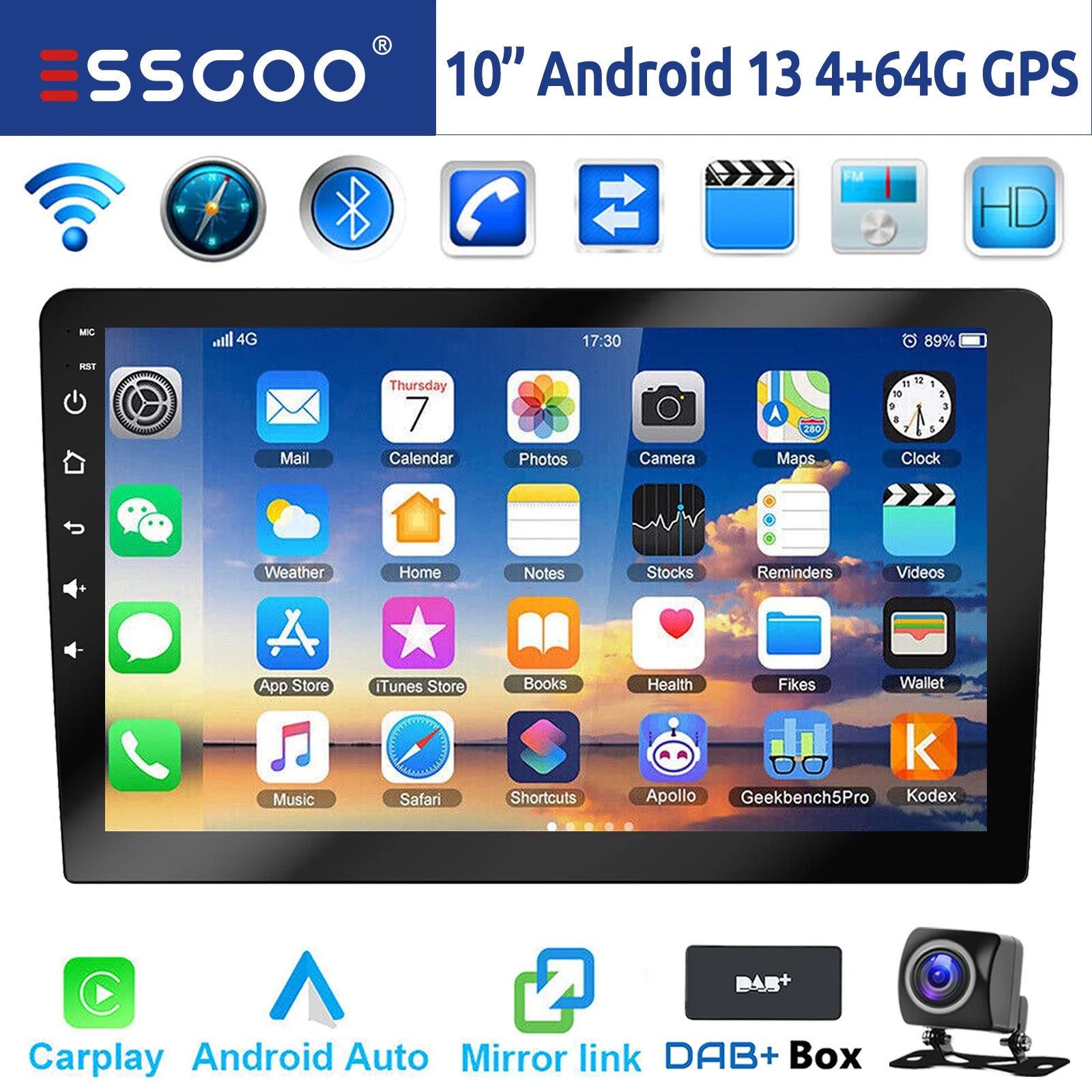 ESSGOO 7"/9"/10“ 2 DIN Android 14 4+64G Car Stereo Carplay Android Auto GPS Navi Bluetooth FM RDS Radio WIFI Touchscreen ChatGPT