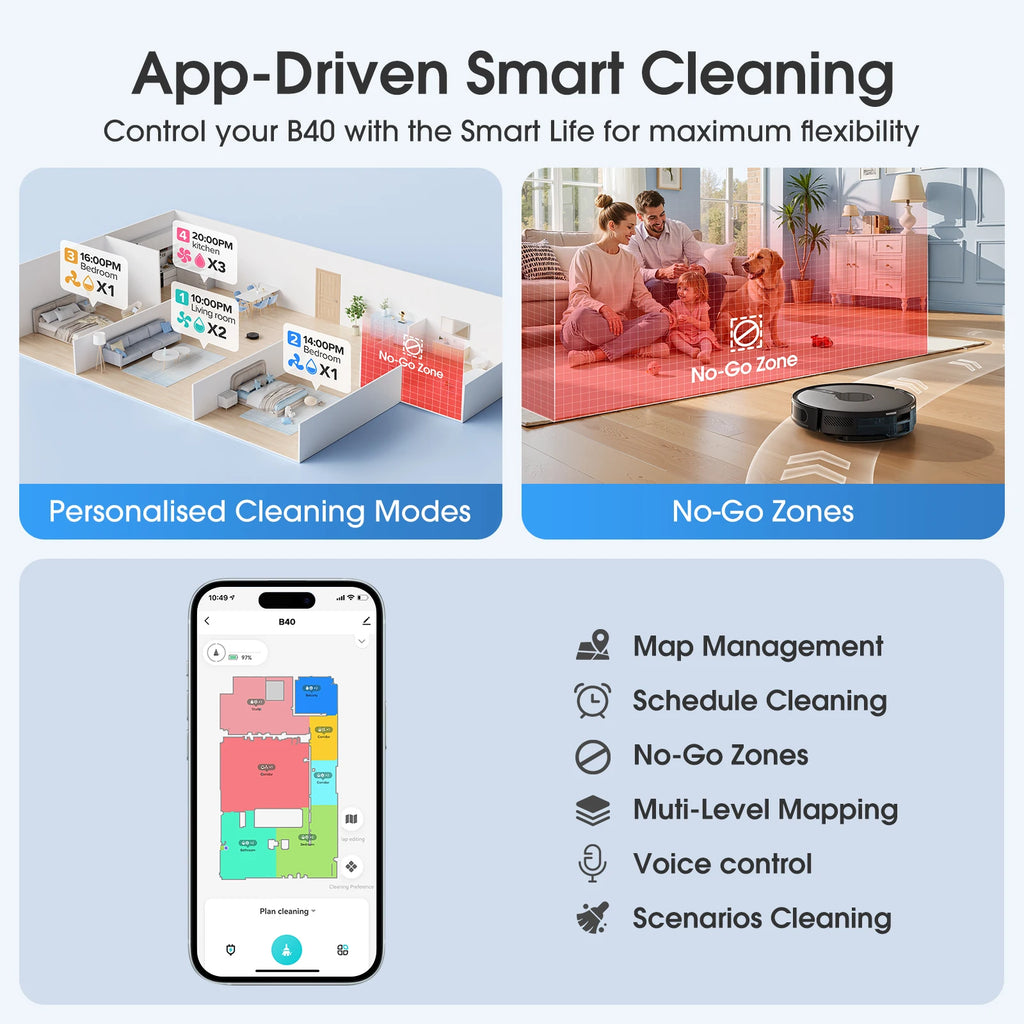 Lubluelu B40 Robot Vacuum and Mop Cleaner, 6000Pa Strong Suction, 180 Mins Long Runtime, APP Control Smart Mapping, 34 No-Go Zon