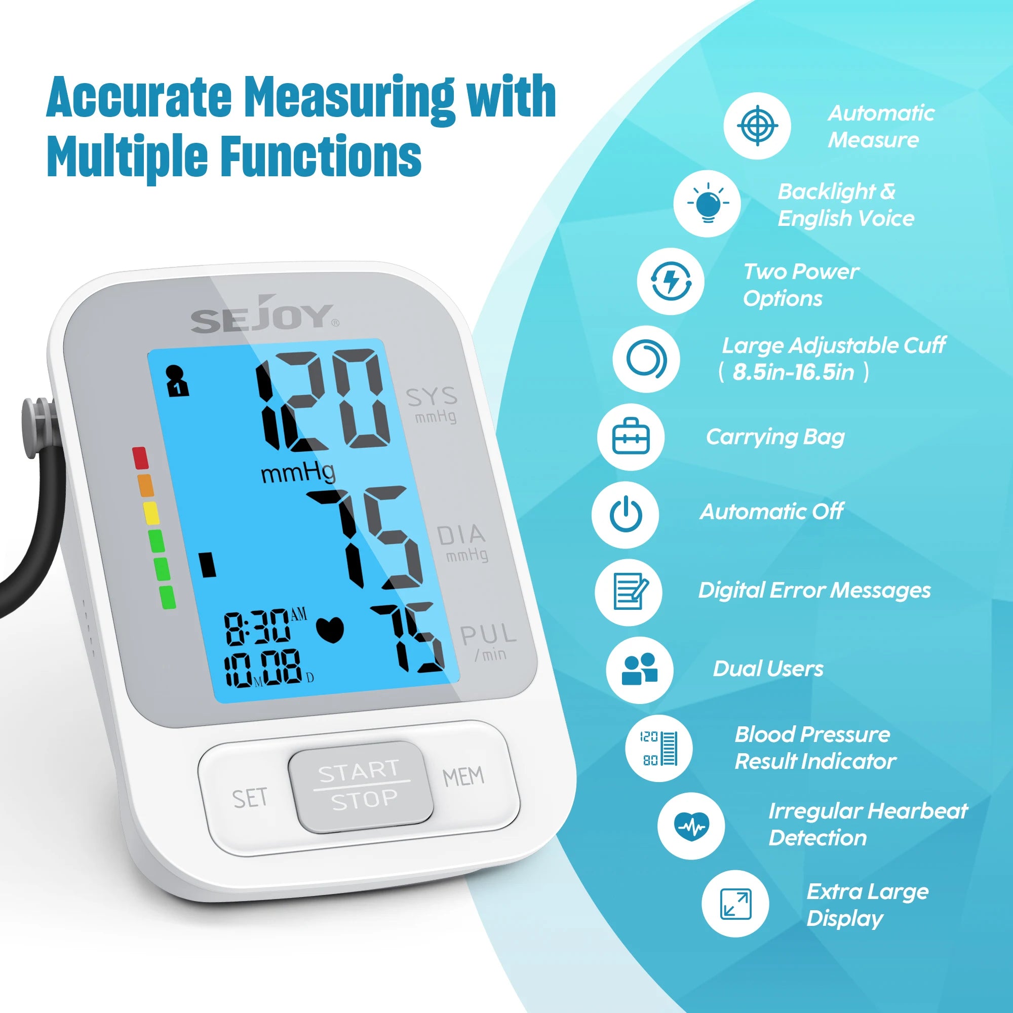 SEJOY Upper Arm Automatic Sphygmomanometer English Voice Backlight Blood Pressure Monitor  High Accurate BP Monitors