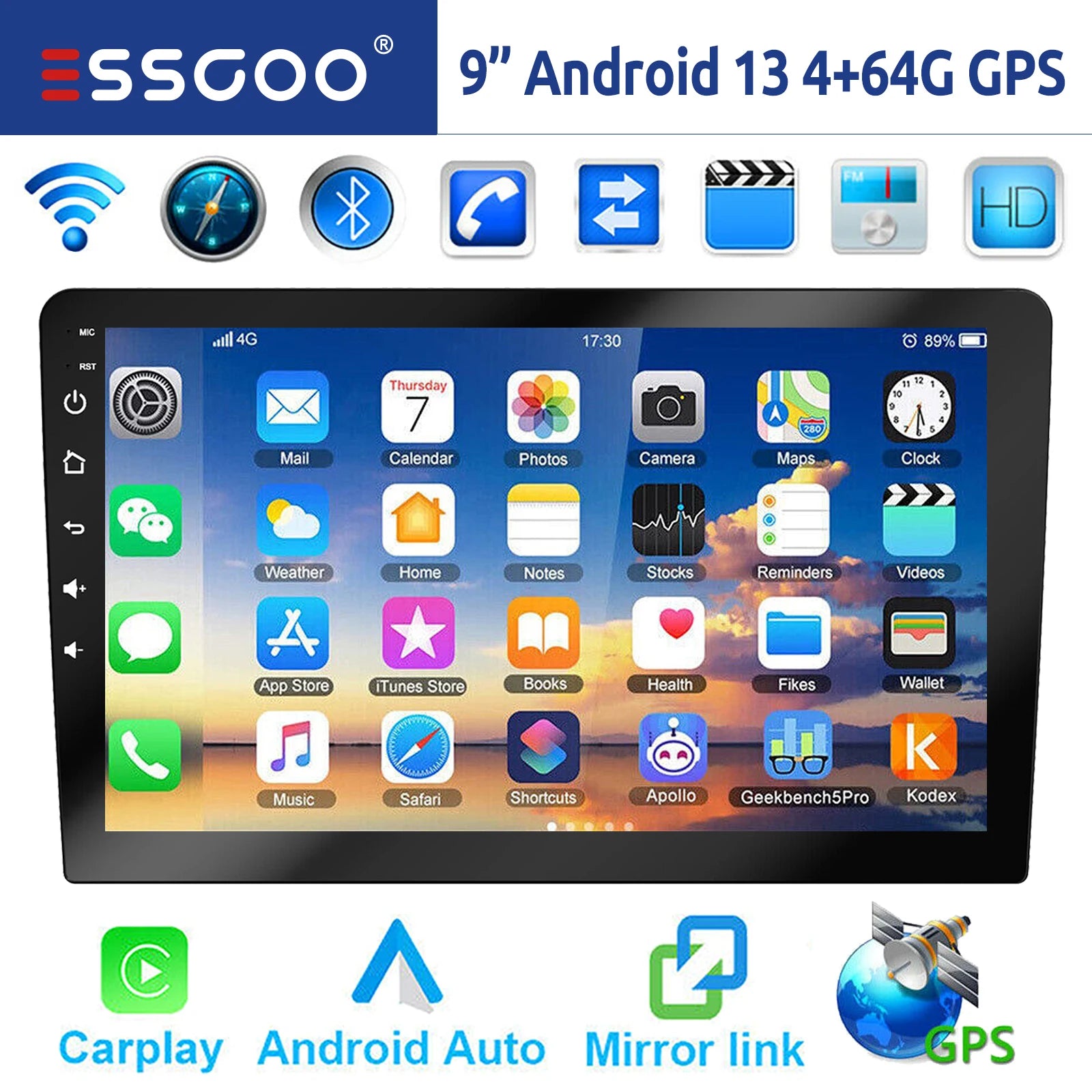 ESSGOO 7"/9"/10“ 2 DIN Android 14 4+64G Car Stereo Carplay Android Auto GPS Navi Bluetooth FM RDS Radio WIFI Touchscreen ChatGPT