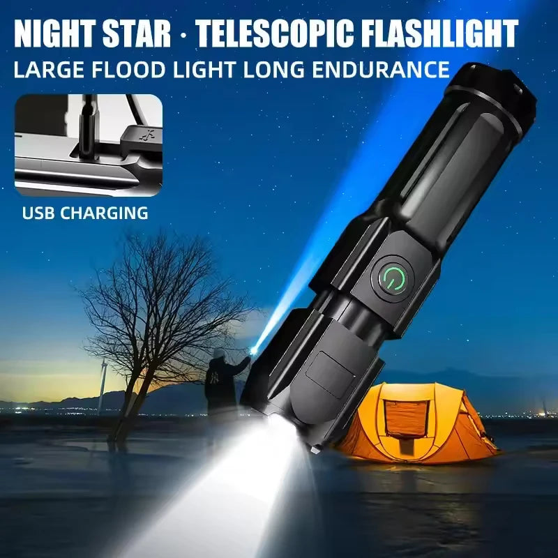 LED Camping Torch Flashlight High Power Rechargeable USB Spotlight Zoom Lantern Built-in Battery For Fishing Outdoor Waterproof