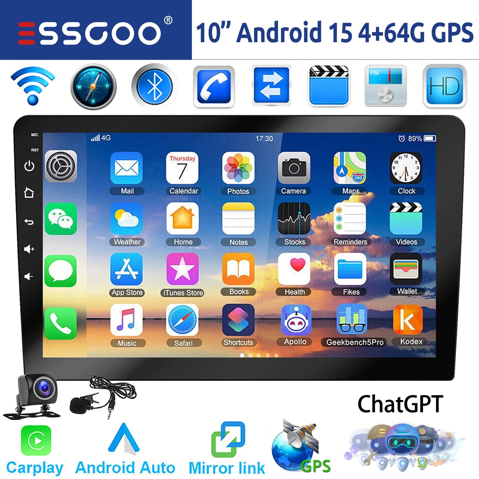 ESSGOO 7"/9"/10“ 2 DIN Android 14 4+64G Car Stereo Carplay Android Auto GPS Navi Bluetooth FM RDS Radio WIFI Touchscreen ChatGPT