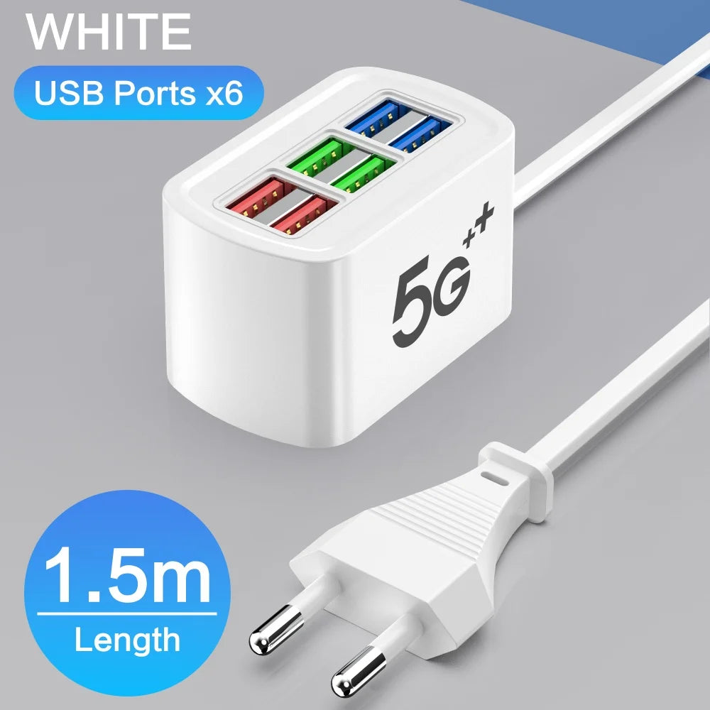 Fast USB Charger 6 in 1 Power Strip Desktop Charging Station Fast Charging 1m Cord USB HUB Adapter Socket for iPhone 16 Home