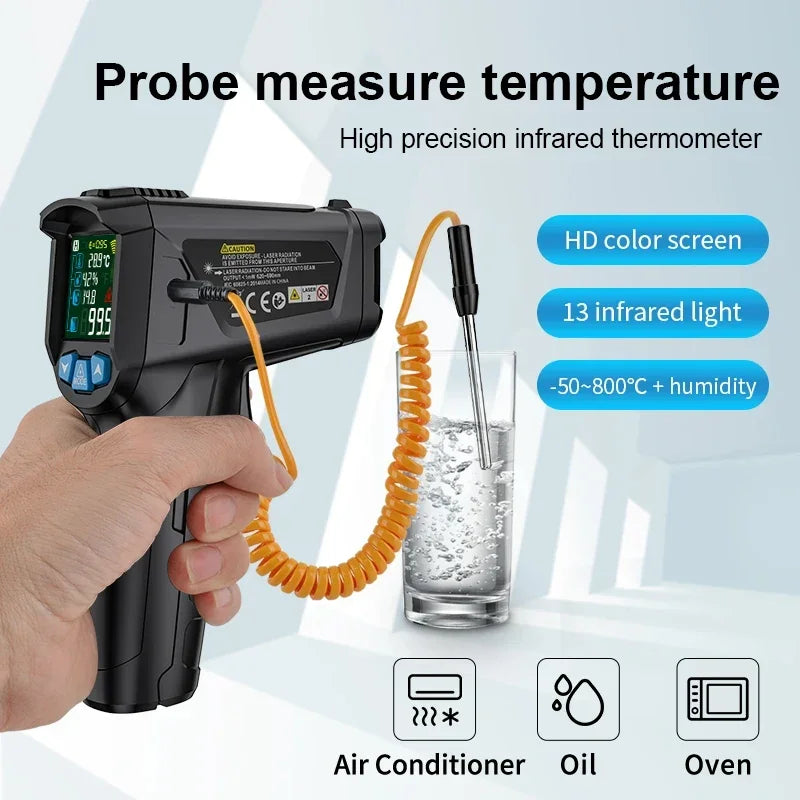 Thermometer 600/800°C Digital Infrared High Temperature Meter Industrial Laser Pyrometer Gun Outdoor Kitchen Humidity Heat Meter