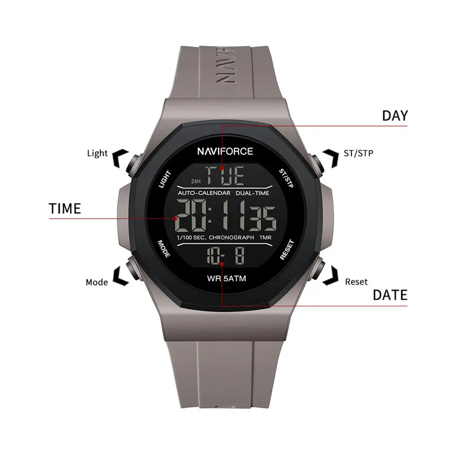 NAVIFORCE Digital Watches for Men Sports LCD Wristwatches  50m Waterproof Sport Watch Digital Light Stopwatch Military Men Watch