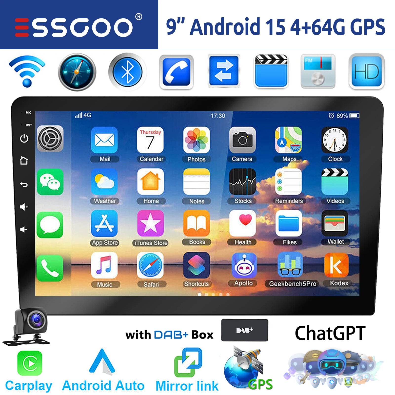 ESSGOO 7"/9"/10“ 2 DIN Android 14 4+64G Car Stereo Carplay Android Auto GPS Navi Bluetooth FM RDS Radio WIFI Touchscreen ChatGPT