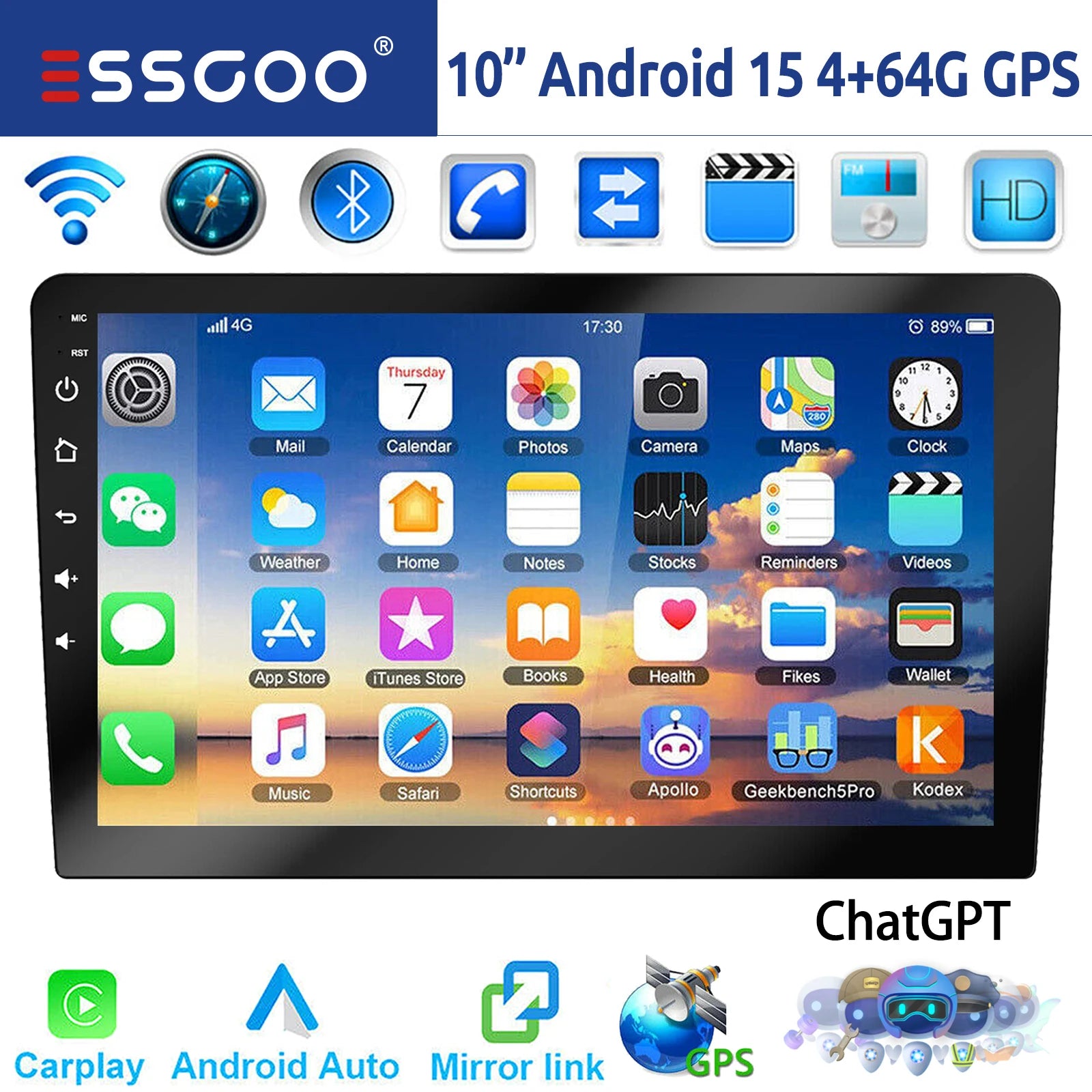 ESSGOO 7"/9"/10“ 2 DIN Android 14 4+64G Car Stereo Carplay Android Auto GPS Navi Bluetooth FM RDS Radio WIFI Touchscreen ChatGPT