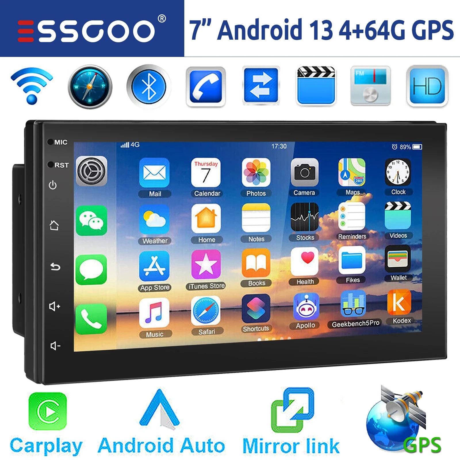 ESSGOO 7"/9"/10“ 2 DIN Android 14 4+64G Car Stereo Carplay Android Auto GPS Navi Bluetooth FM RDS Radio WIFI Touchscreen ChatGPT