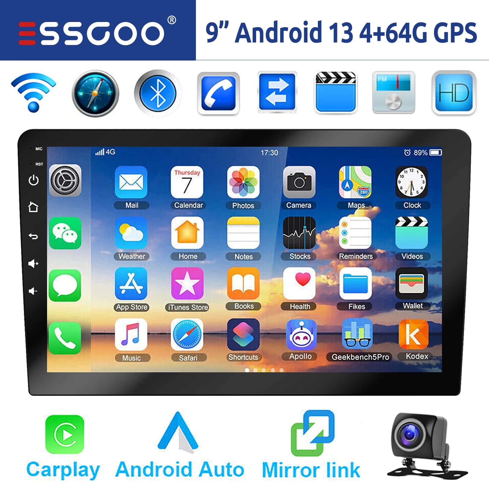 ESSGOO 7"/9"/10“ 2 DIN Android 14 4+64G Car Stereo Carplay Android Auto GPS Navi Bluetooth FM RDS Radio WIFI Touchscreen ChatGPT