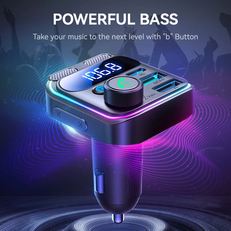 JOYROOM 48W Bluetooth 5.3 Car FM Transmitter Dual Mics PD&QC 3.0 Car Fast Charging Charger Adapter U Disk Hands-Free Calling