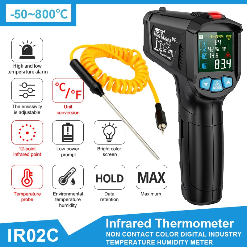 Thermometer 600/800°C Digital Infrared High Temperature Meter Industrial Laser Pyrometer Gun Outdoor Kitchen Humidity Heat Meter